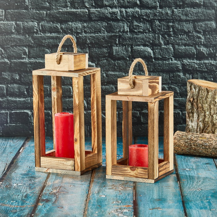 Aberto Design Juego de dos candelabros linterna de madera Natural Aberto Design Juego de dos candelabros linterna de madera Natural